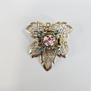 Vintage Guilloche Floral Enamel Blue Rhinestone Leaf Shape Filigree Brooch Pin